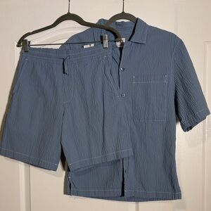 Zara Light Blue Textured Shirt and Shorts Ensemble